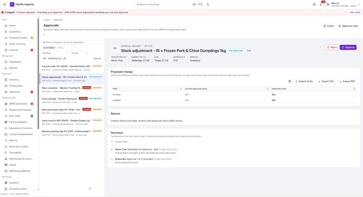 Two-person approval on a stock adjustment, shown as a field level diff.