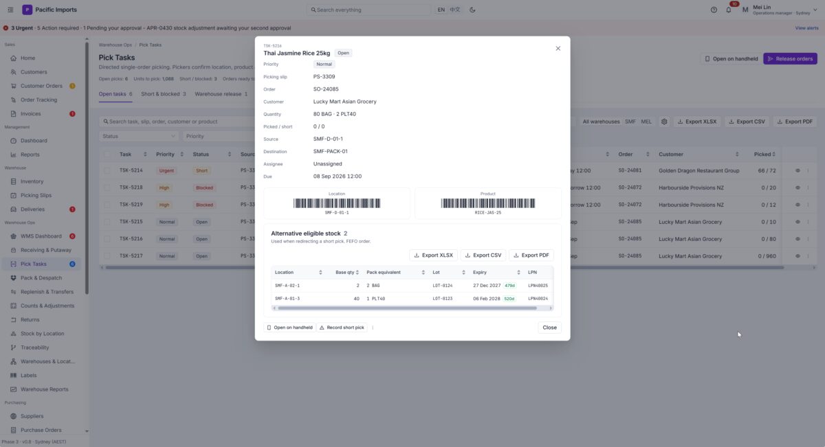 A pick task with location and product barcodes, and the alternative stock if the bay is short.