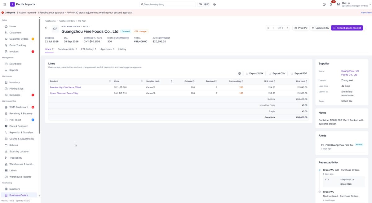 A purchase order in the supplier's currency with the AUD equivalent. ETA changes are logged and raise an alert.