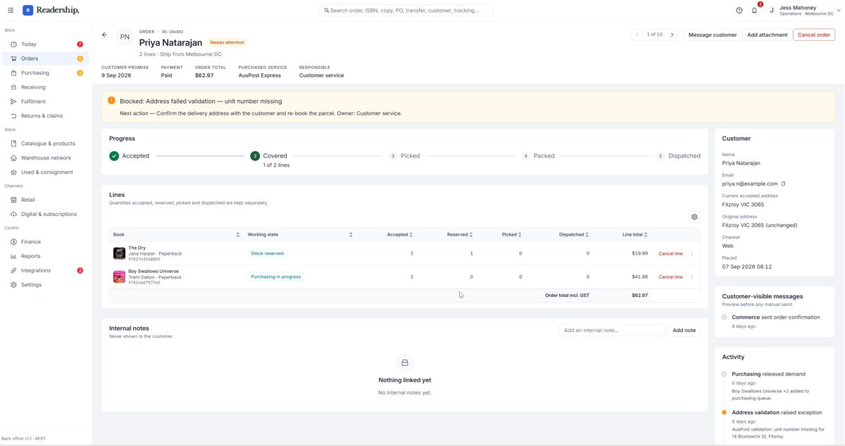 A customer order that is blocked, with the reason and the next action stated on the record.