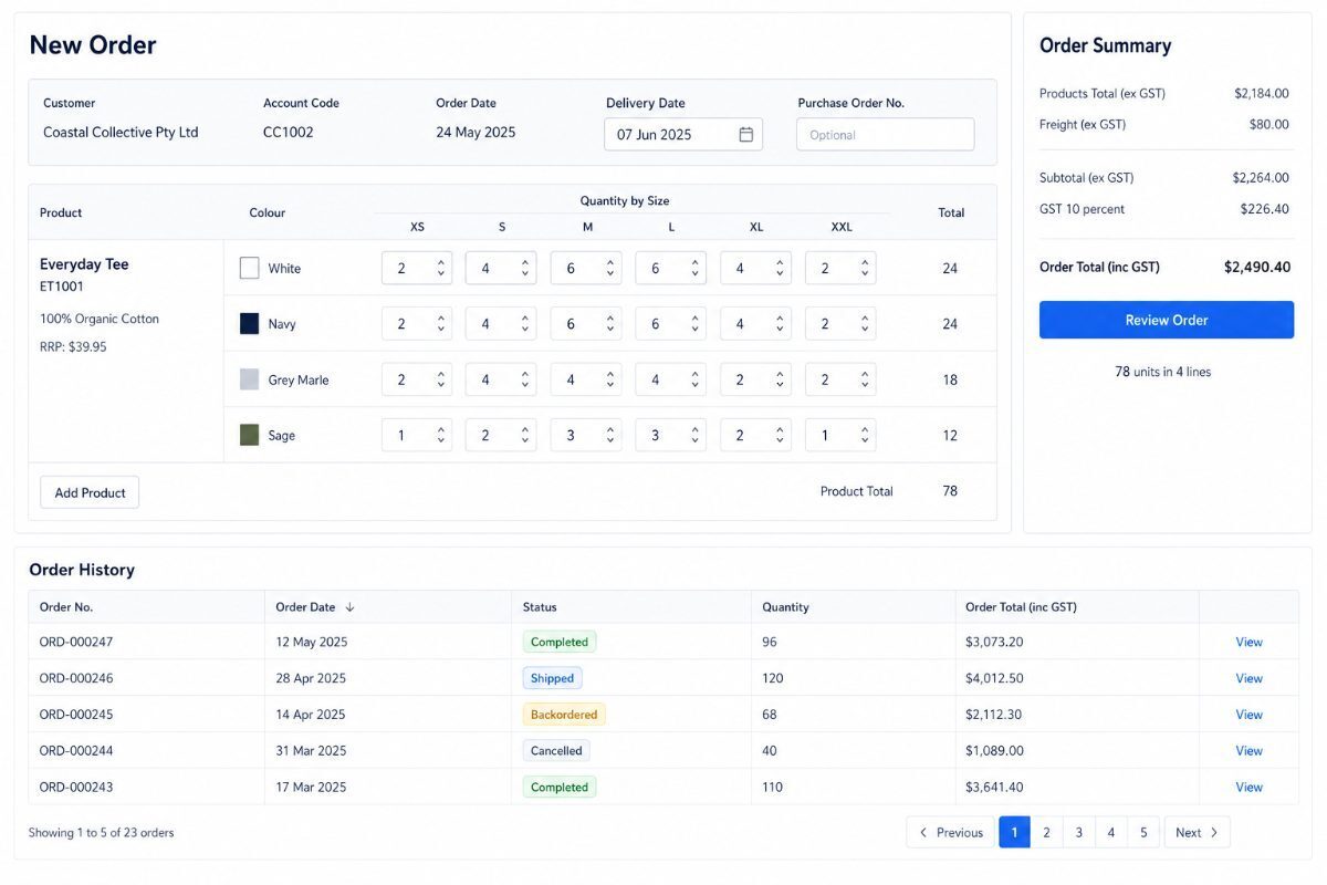 A stockist ordering screen with a colour and size grid.