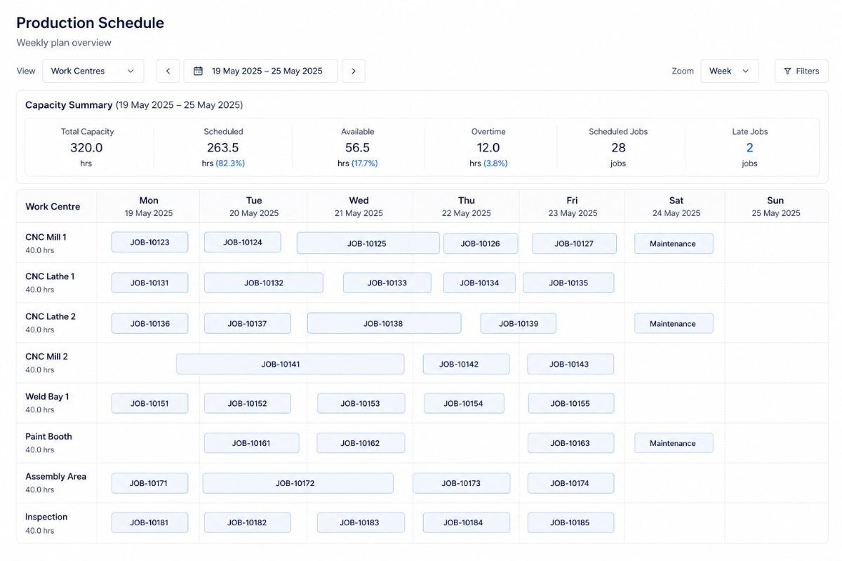 Production scheduling, with capacity by work centre.