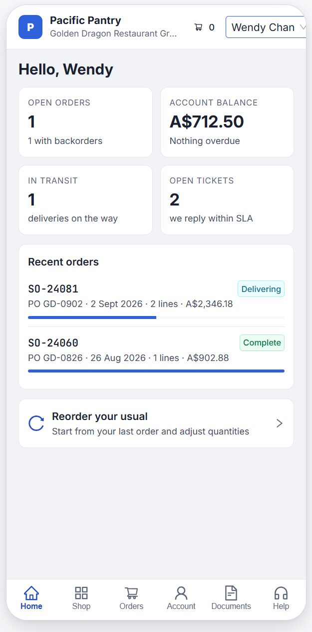The customer portal on a phone. Open orders, balance, deliveries in transit and a reorder button.